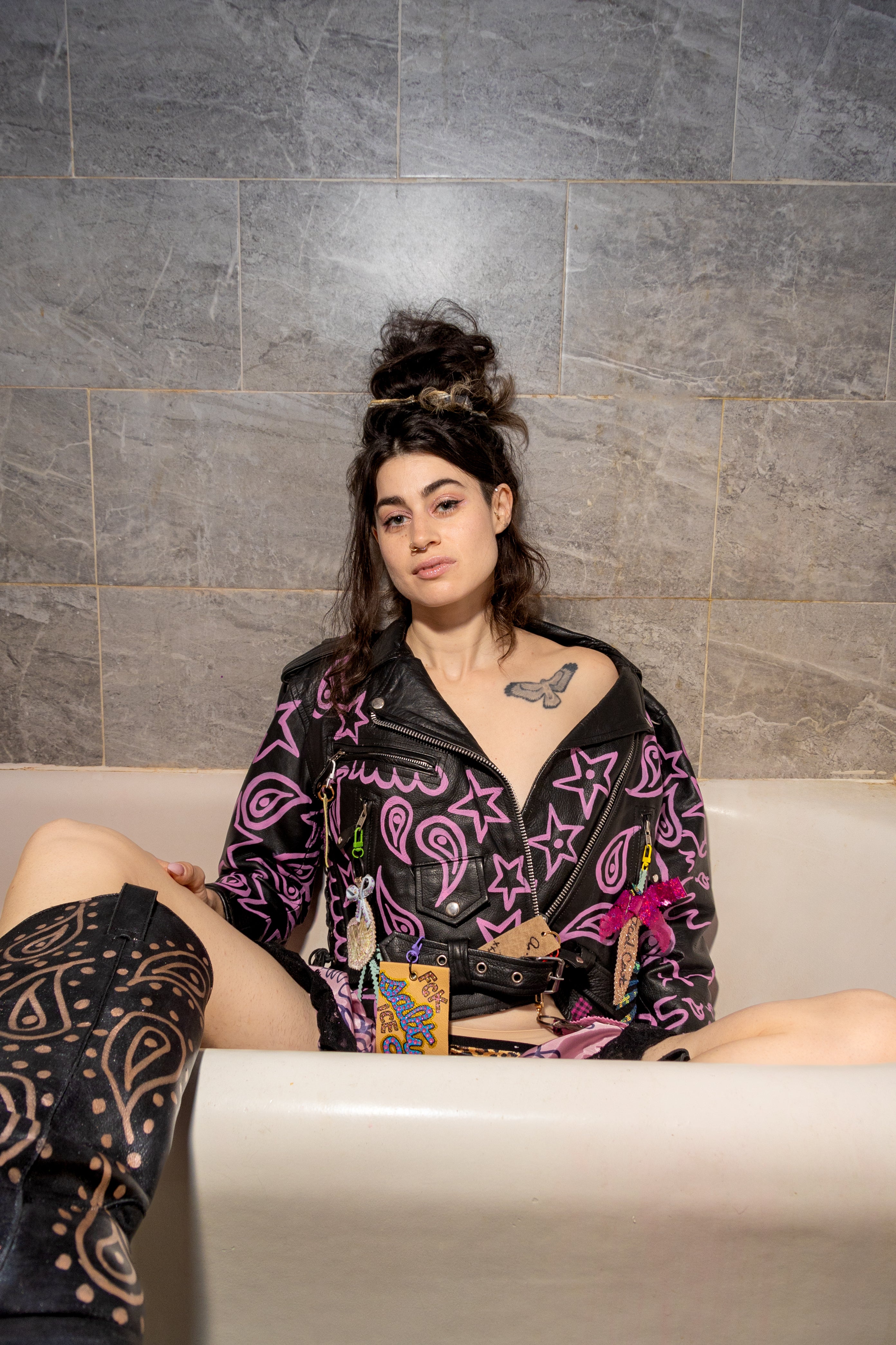 Paisley Dream Cropped Moto Black Leather Jacket