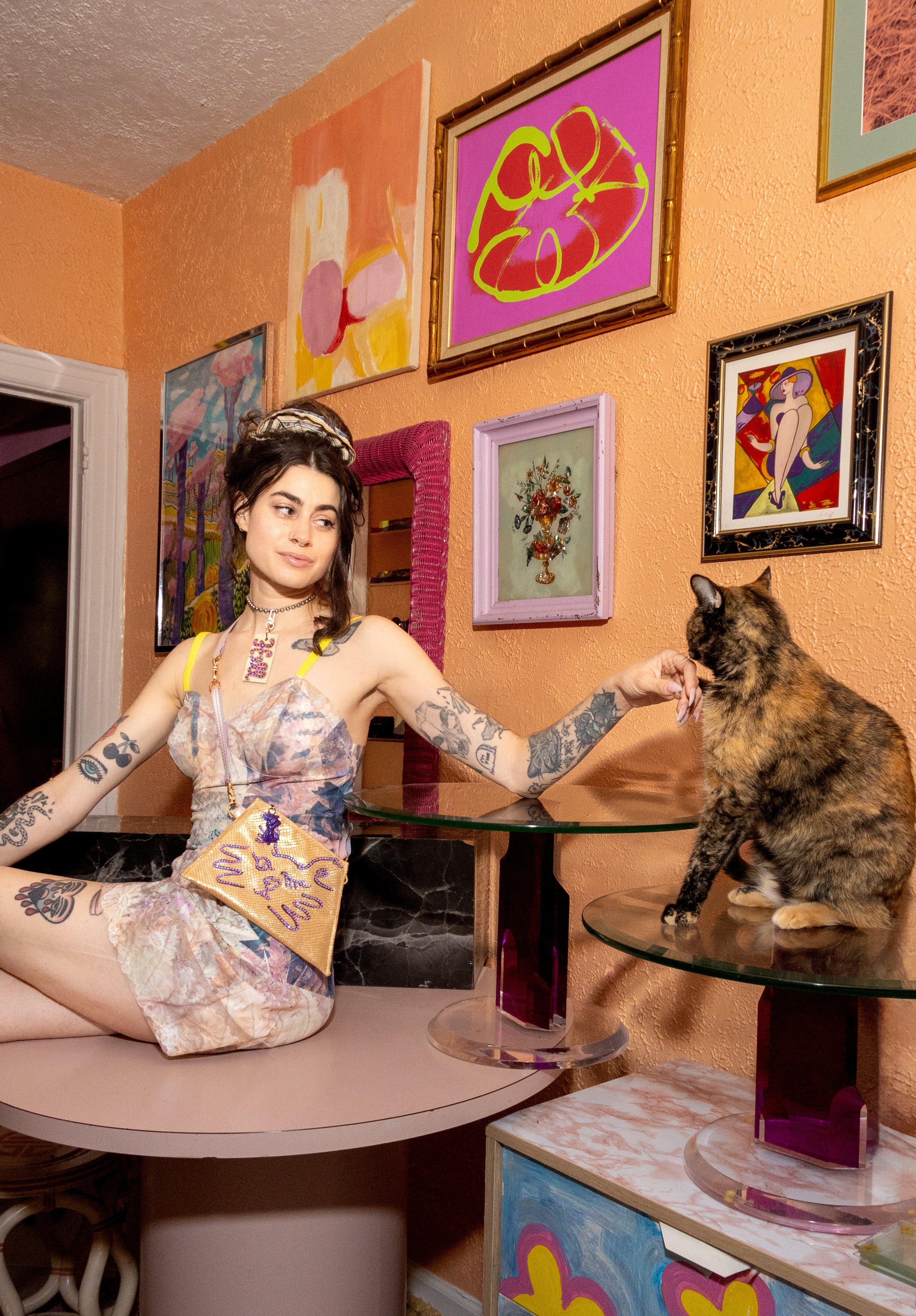 Winky Kitty Sparkle Gold Leather Bag