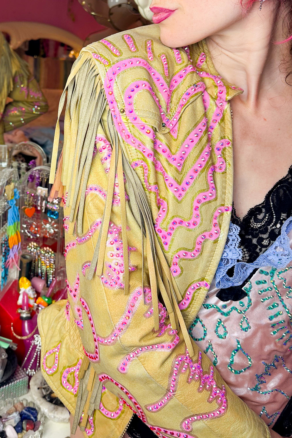 Kitty Angels Sparkle Fringe Tan Leather Jacket