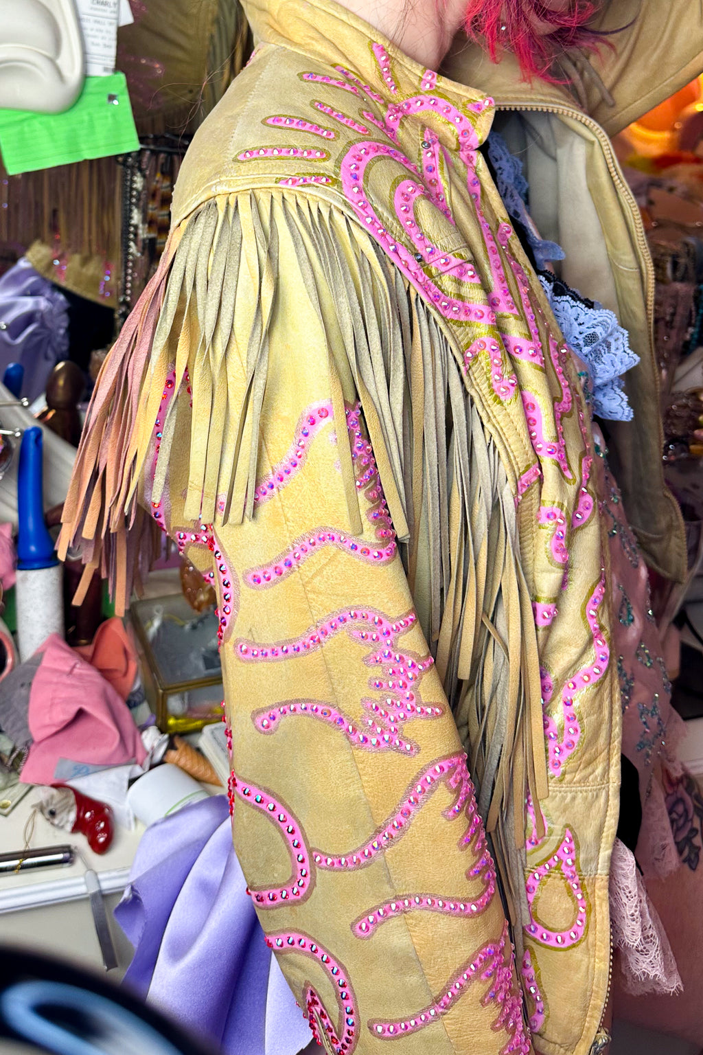 Kitty Angels Sparkle Fringe Tan Leather Jacket