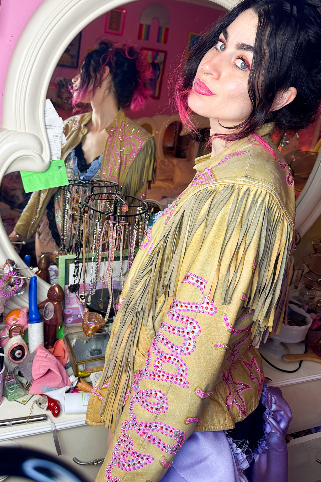 Kitty Angels Sparkle Fringe Tan Leather Jacket