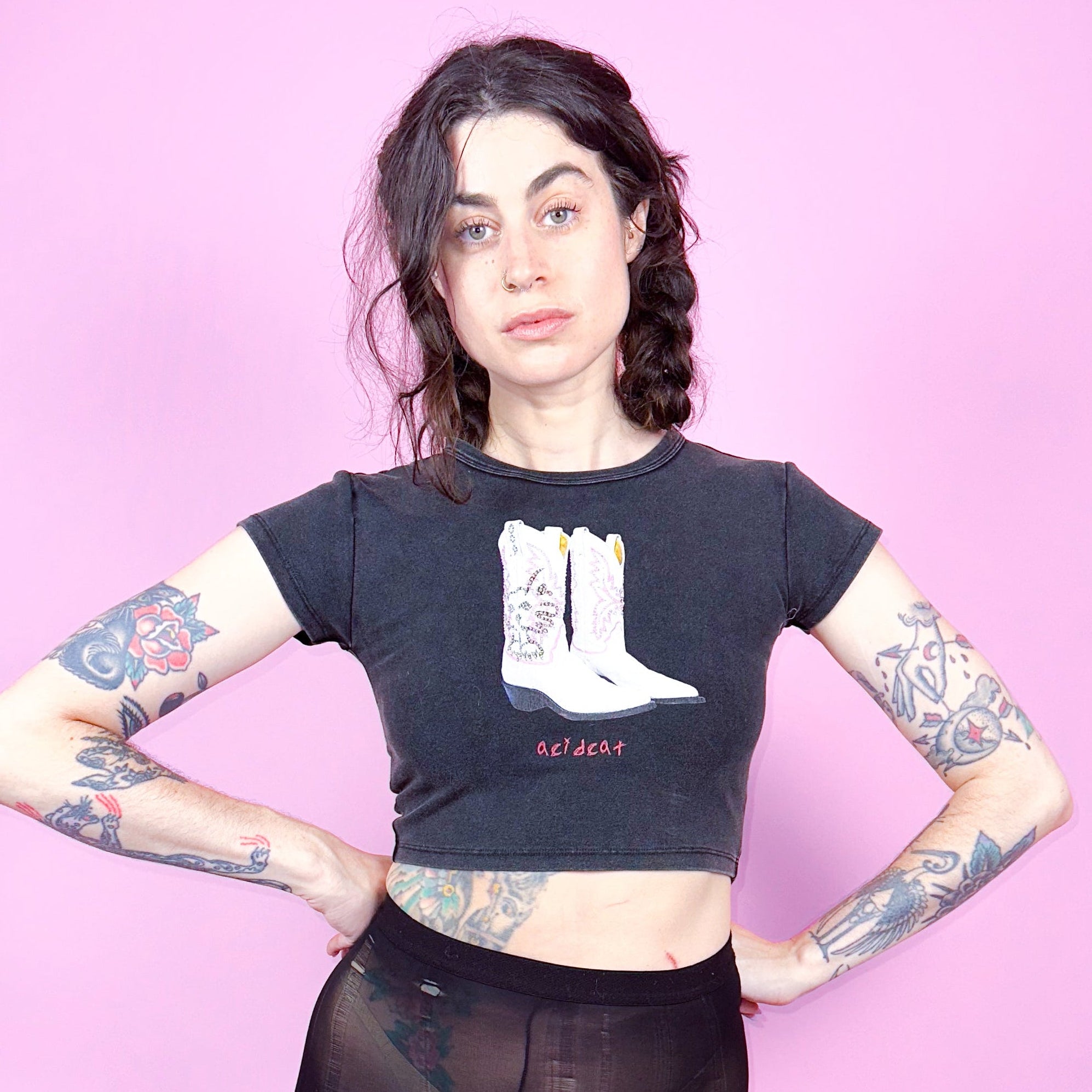 White Cowboy Boot Vibe Etcetera Black Crop T Shirt