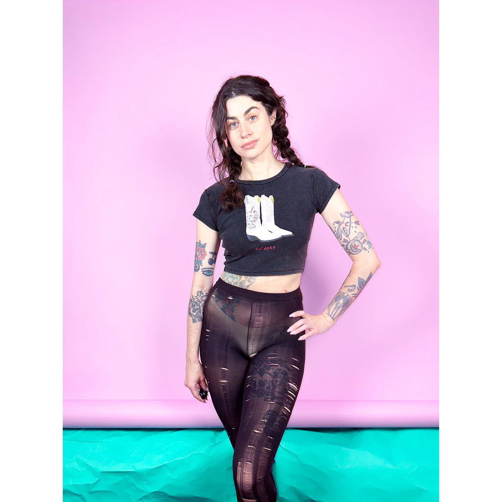 White Cowboy Boot Vibe Etcetera Black Crop T Shirt