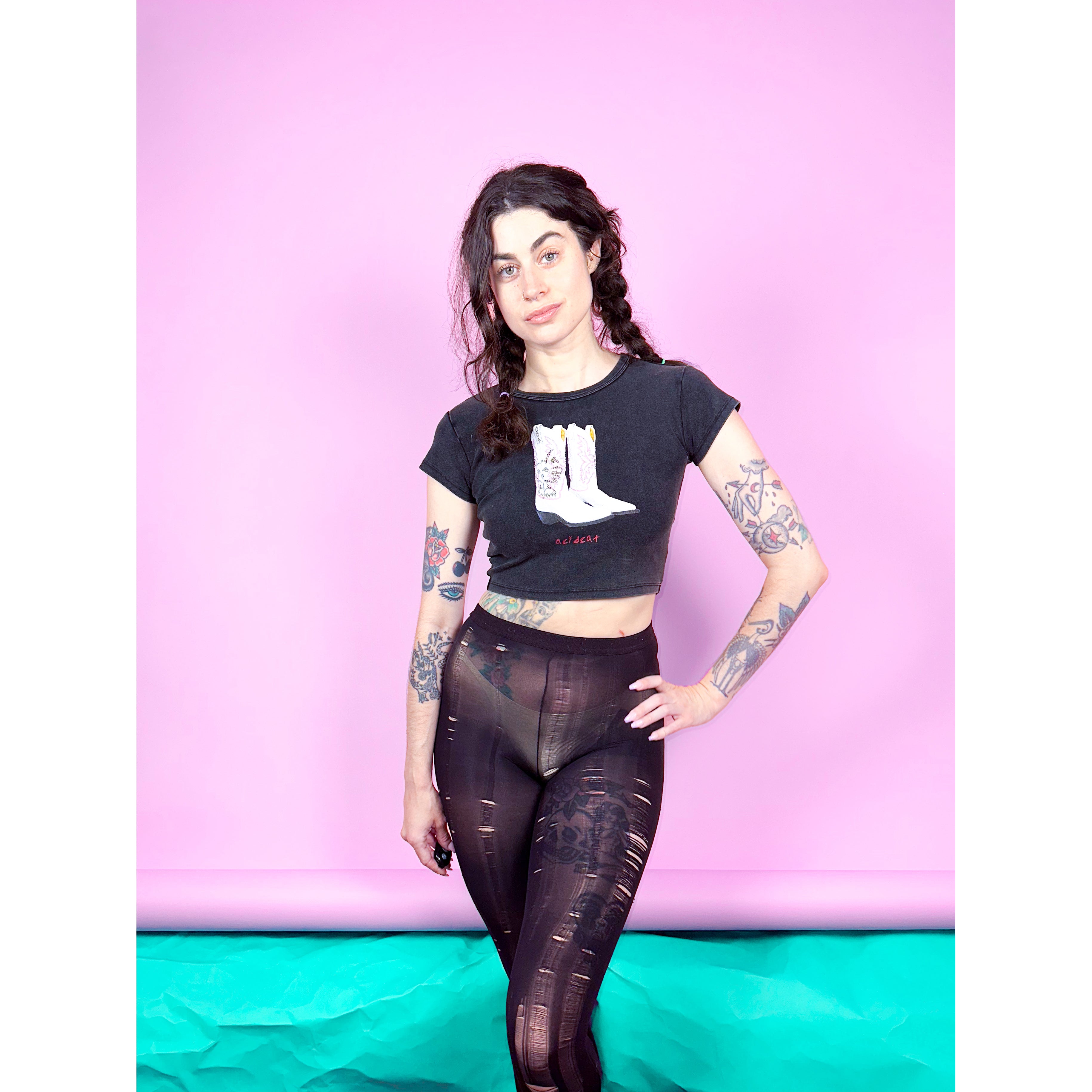 White Cowboy Boot Vibe Etcetera Black Crop T Shirt