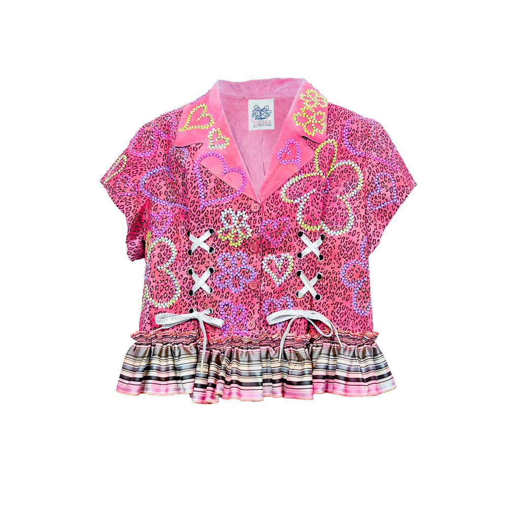 Pink Flower Power Rhinestone Leopard Suede Jacket