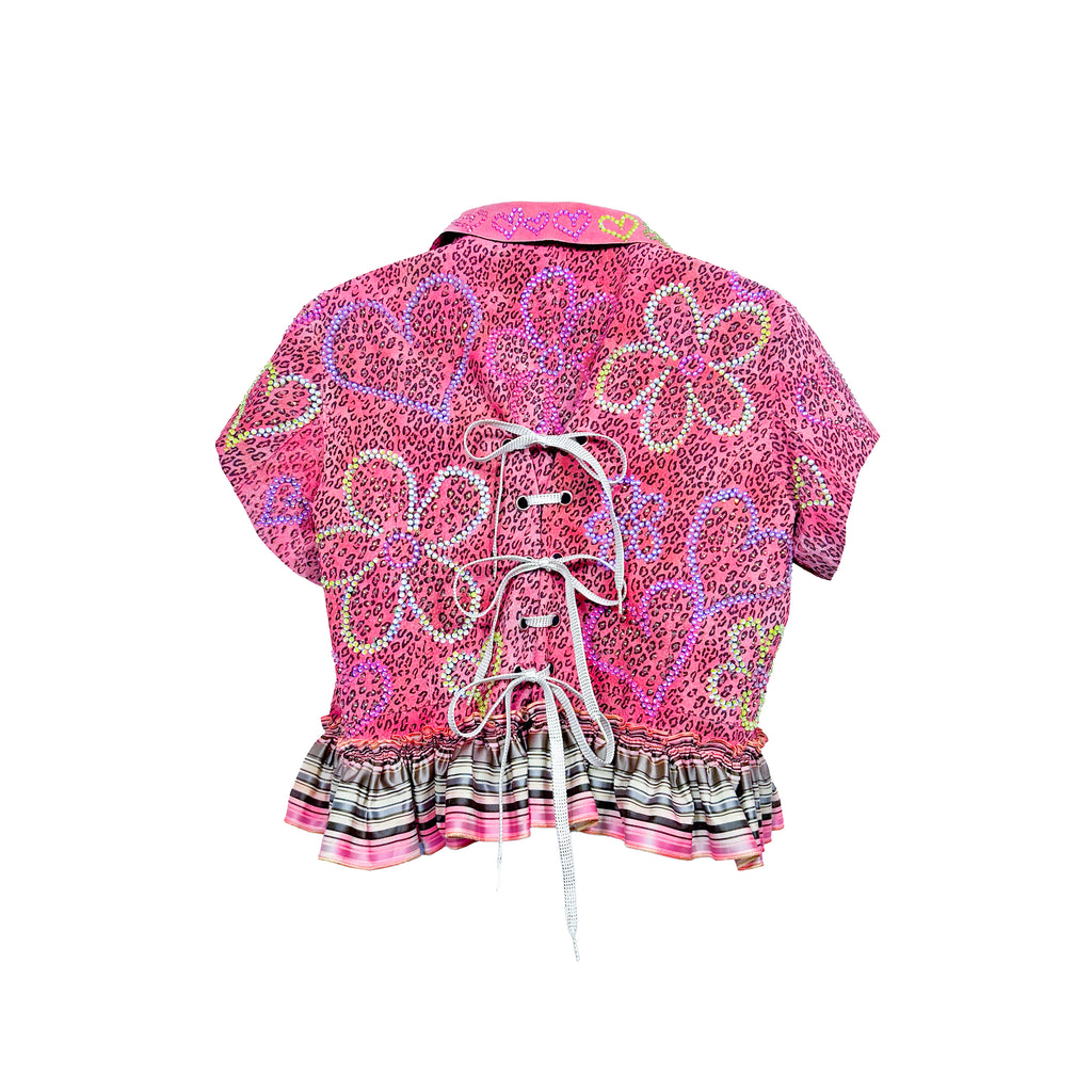 Pink Flower Power Rhinestone Leopard Suede Jacket