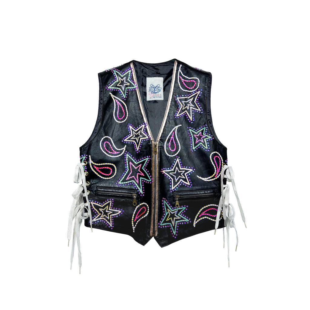 Paisley Dream Kitty Rhinestone Lace Up Black Leather Vest