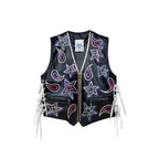 Paisley Dream Kitty Rhinestone Lace Up Black Leather Vest