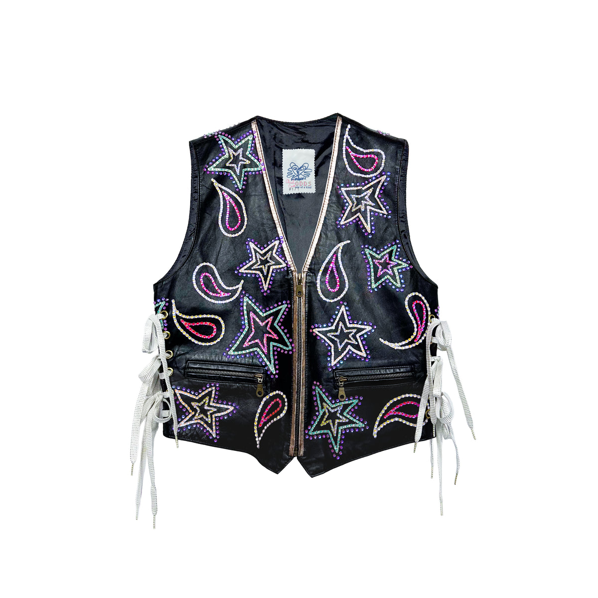 Paisley Dream Kitty Rhinestone Lace Up Black Leather Vest