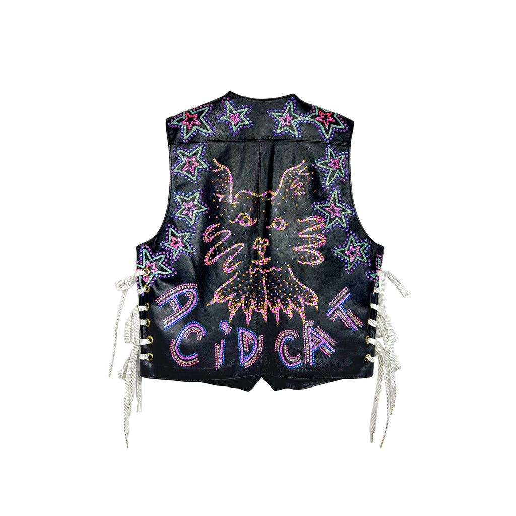 Paisley Dream Kitty Rhinestone Lace Up Black Leather Vest