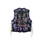 Paisley Dream Kitty Rhinestone Lace Up Black Leather Vest